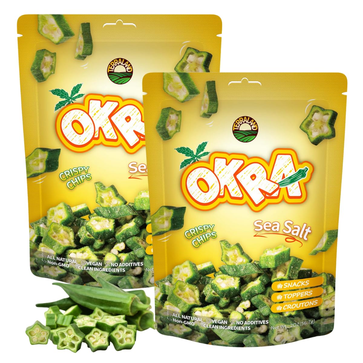 Terraland Okra Crispy Cubes sea salt close-up, a crunchy vegan snack with fiber.