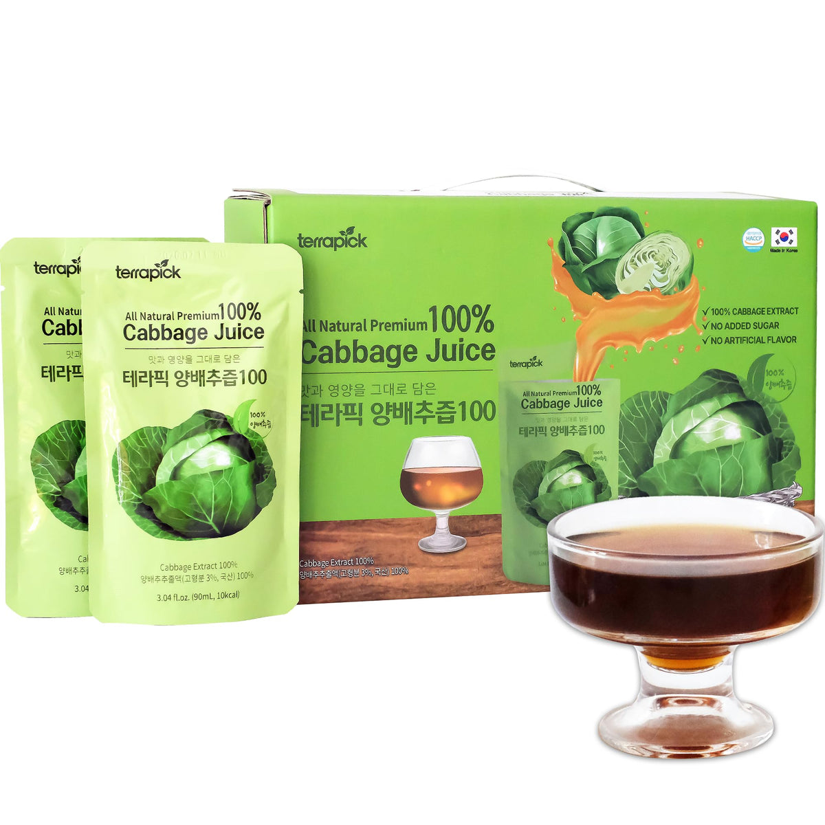 Terrapick Korean Cabbage Extract juice pouch: pure, additive-free nutrition for daily digestion.