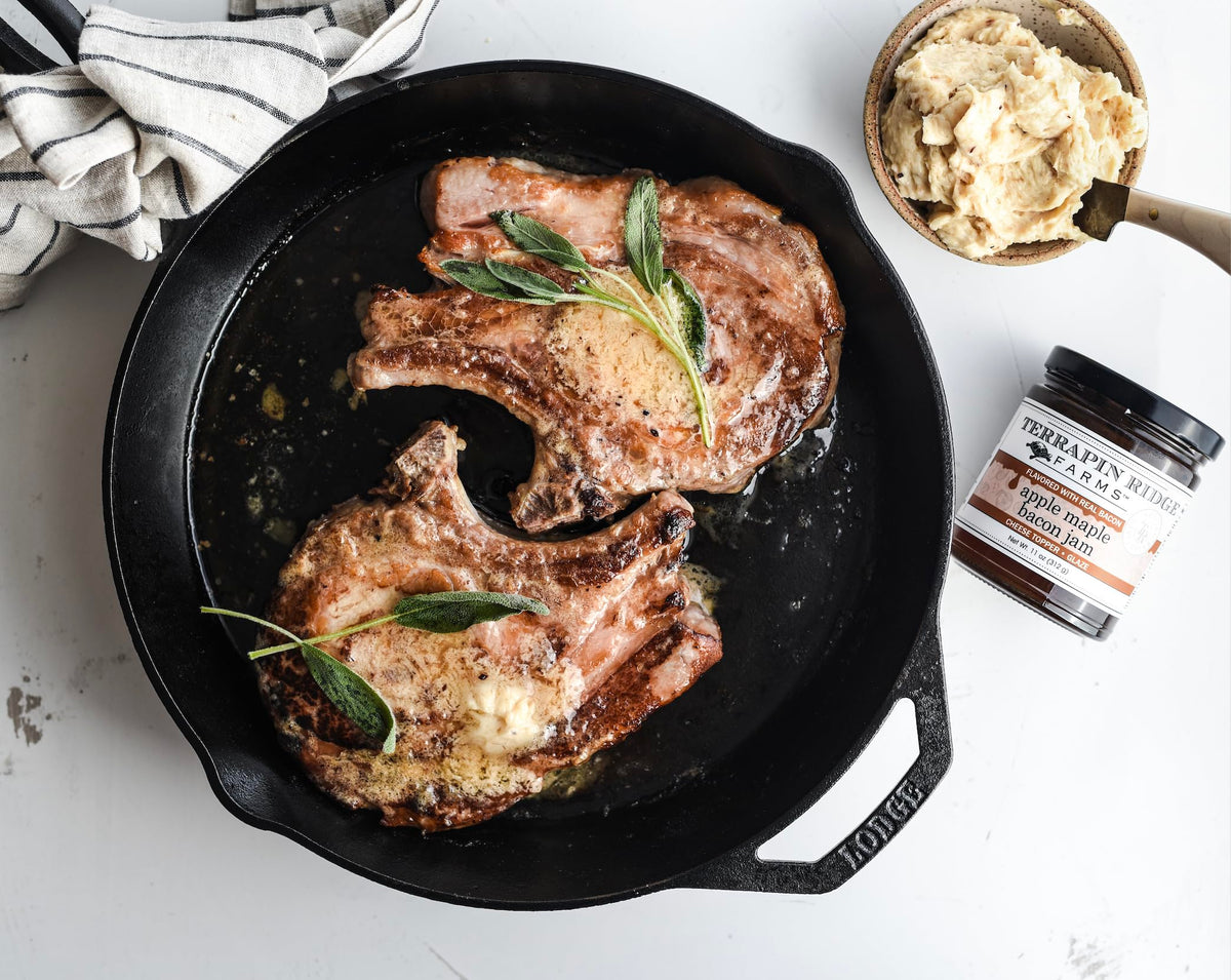 Glazing pork tenderloin with Terrapin Ridge Apple Maple Bacon Jam.