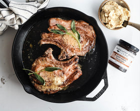 Glazing pork tenderloin with Terrapin Ridge Apple Maple Bacon Jam.