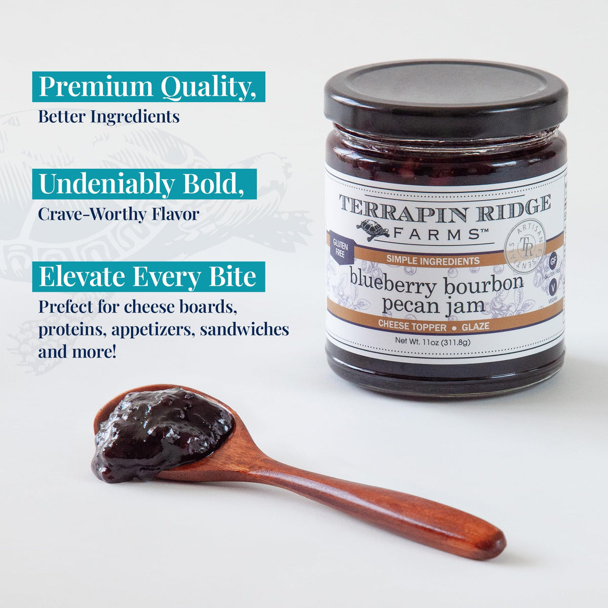 Close-up of Terrapin Ridge Blueberry Bourbon Pecan Jam with berries and pecans