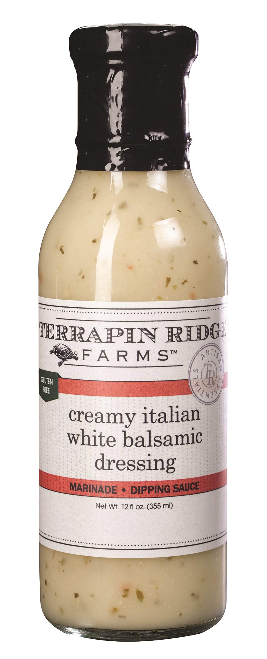 Terrapin Ridge Creamy Italian White Balsamic Dressing bottle pour shows silky texture for meals