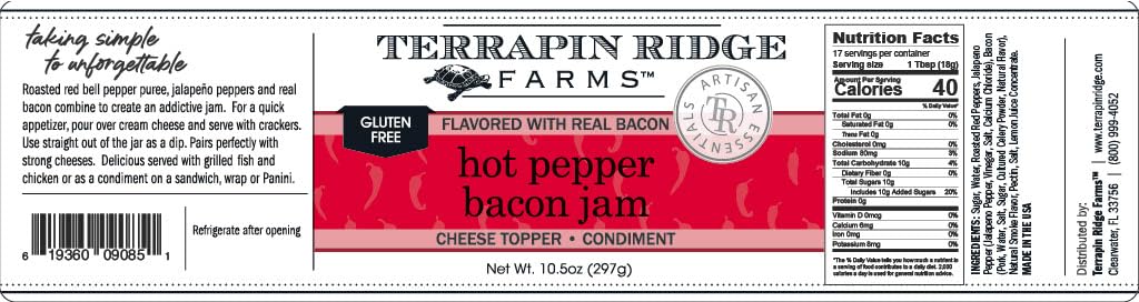 Terrapin Ridge Farms hot pepper berry bacon jam bottle front, sweet-spicy allure.