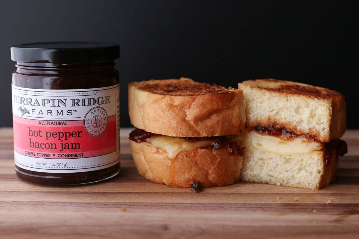 Terrapin Ridge Farms hot pepper berry bacon jam on cheese board pairing.