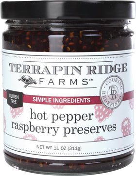 Terrapin Ridge Hot Pepper Raspberry Preserves bottle with rich color, ideal as a glaze for grilled chicken.