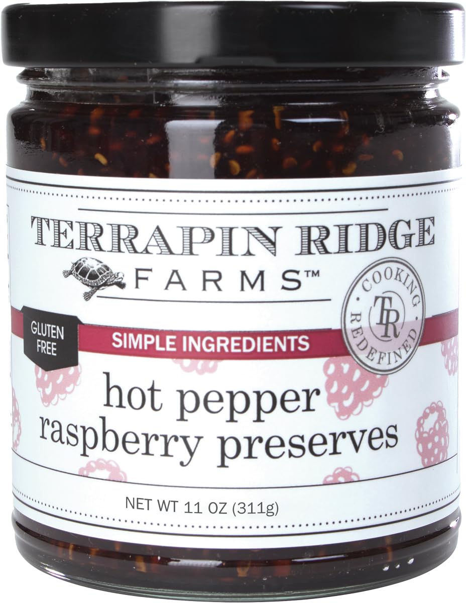 Terrapin Ridge Hot Pepper Raspberry Preserves bottle with rich color, ideal as a glaze for grilled chicken.
