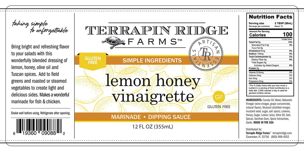 Terrapin Ridge Lemon Honey dressing pour ideal for greens and roasted vegetables.