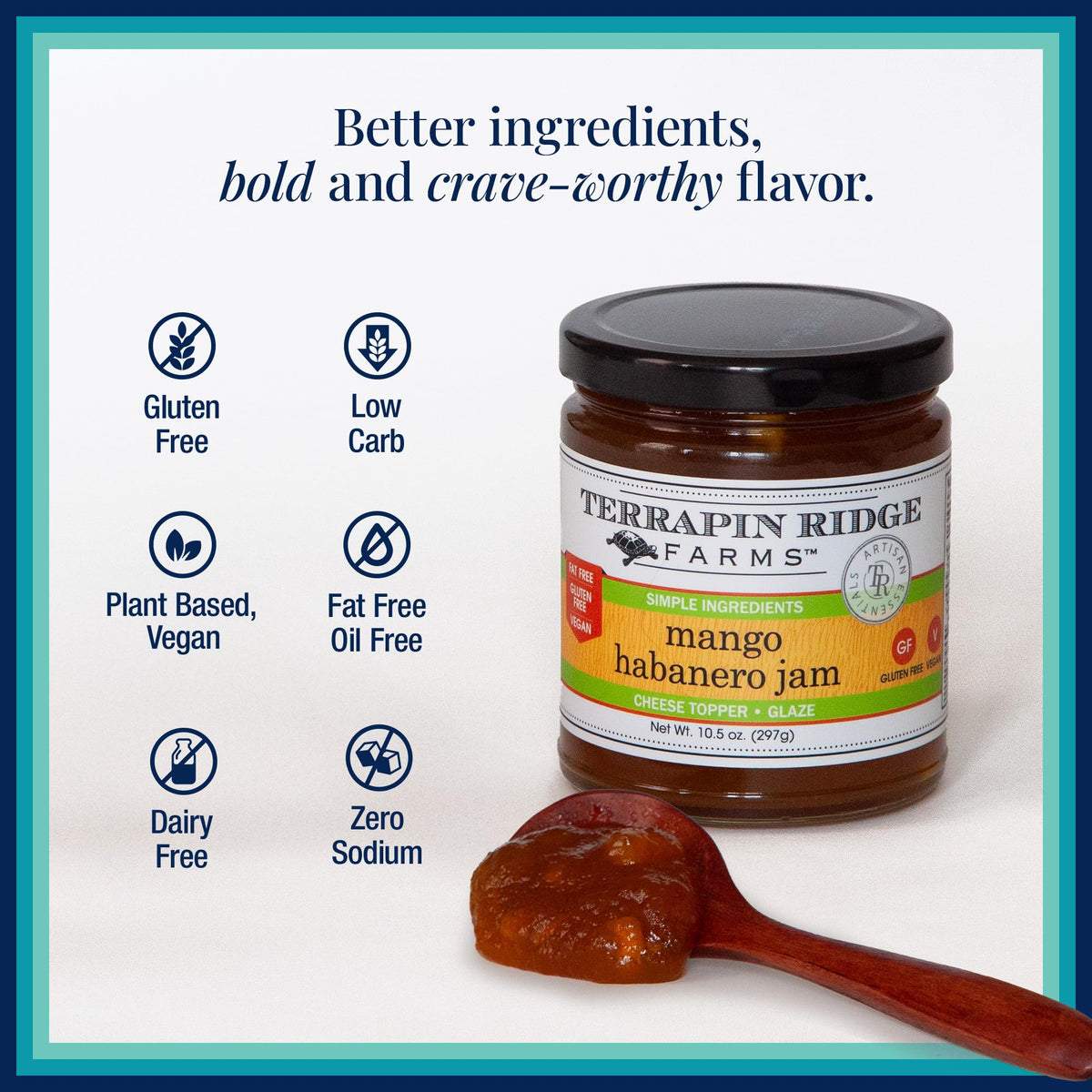 Terrapin Ridge Mango Habanero jar paired with cream cheese; easy appetizer.
