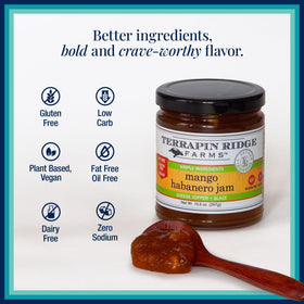 Terrapin Ridge Mango Habanero jar paired with cream cheese; easy appetizer.