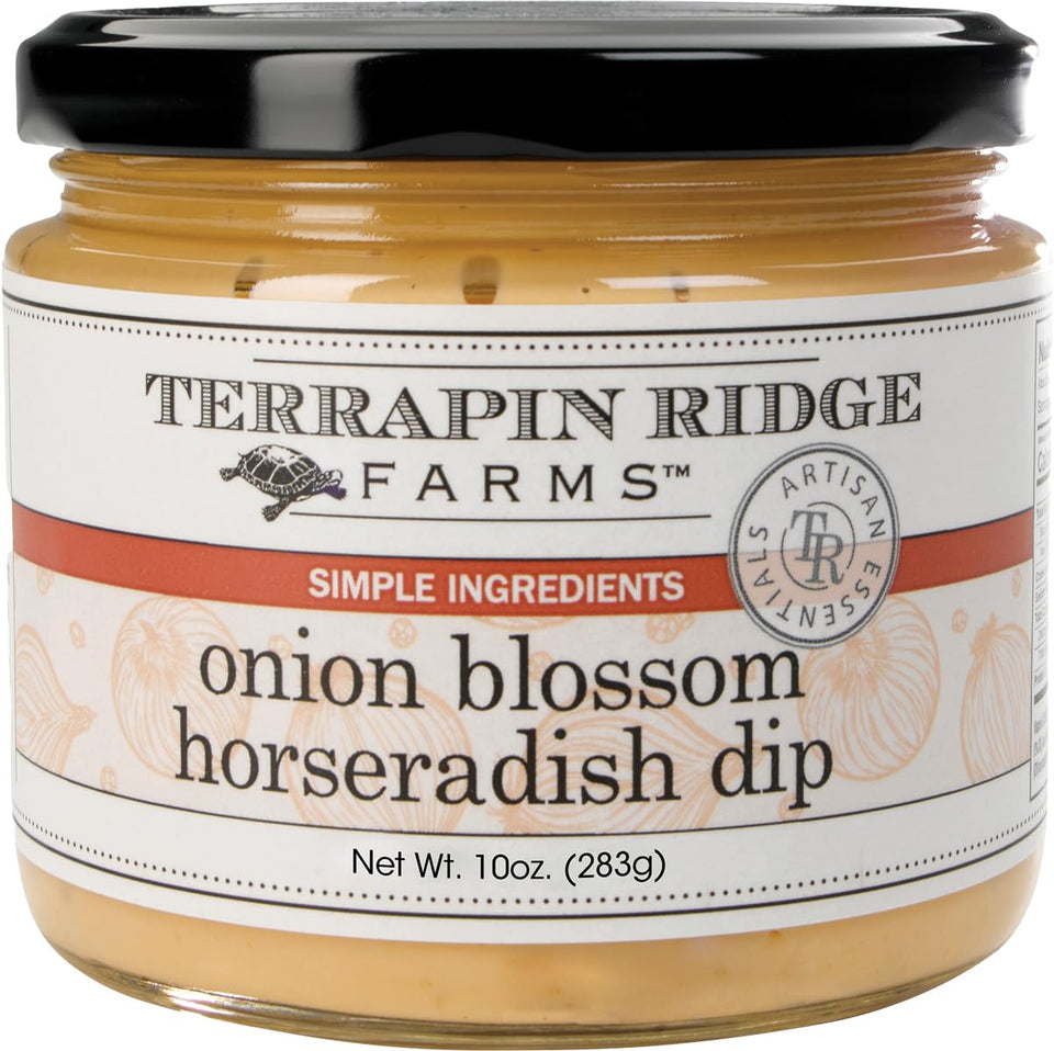 Terrapin Ridge Onion Blossom Horseradish Dip beside onion rings for dipping.