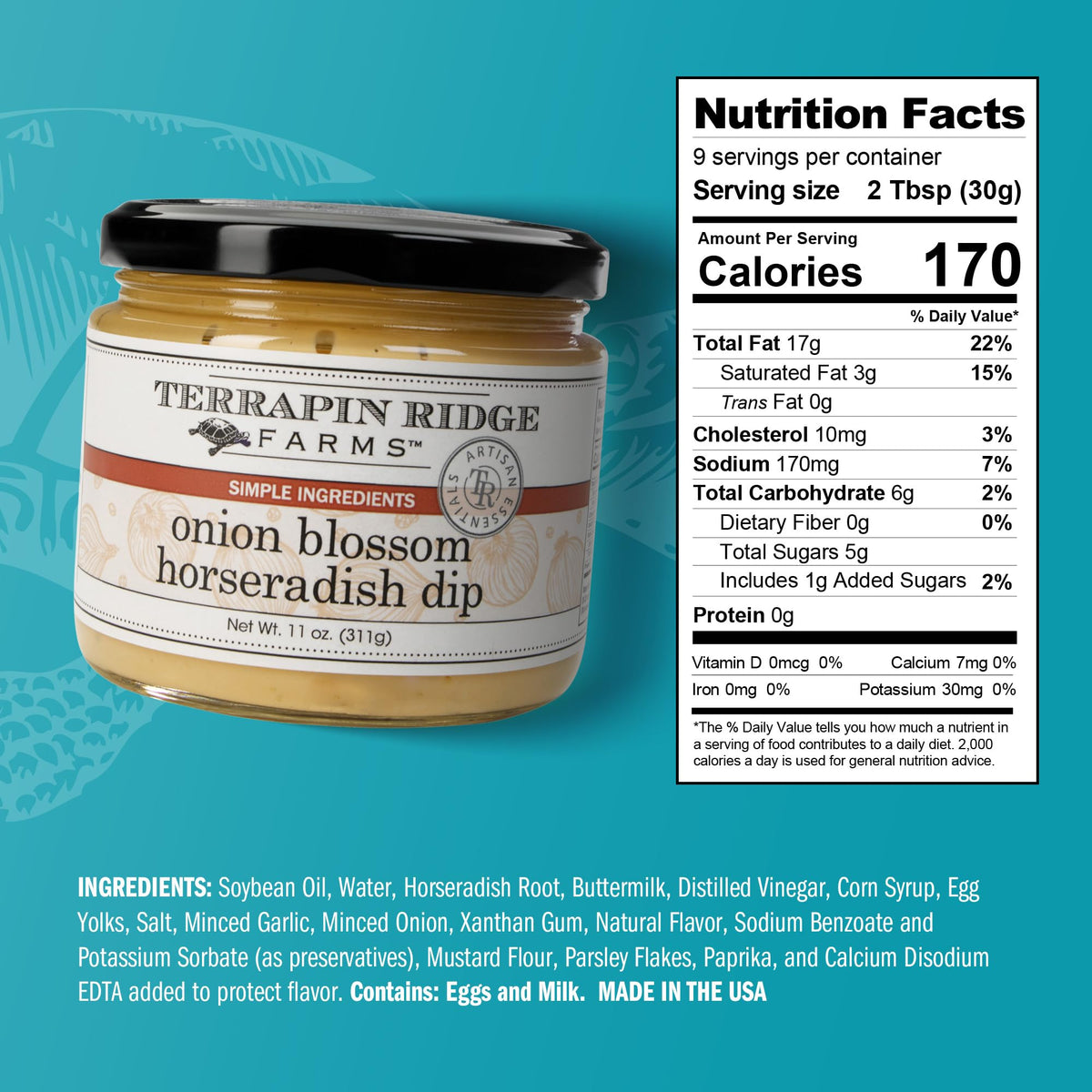 Terrapin Ridge Onion Blossom Horseradish Dip with smoked salmon slices.