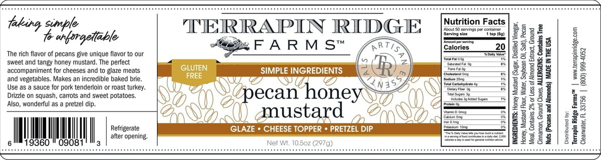 Terrapin Ridge Pecan Honey Mustard jar close-up showing ingredients.