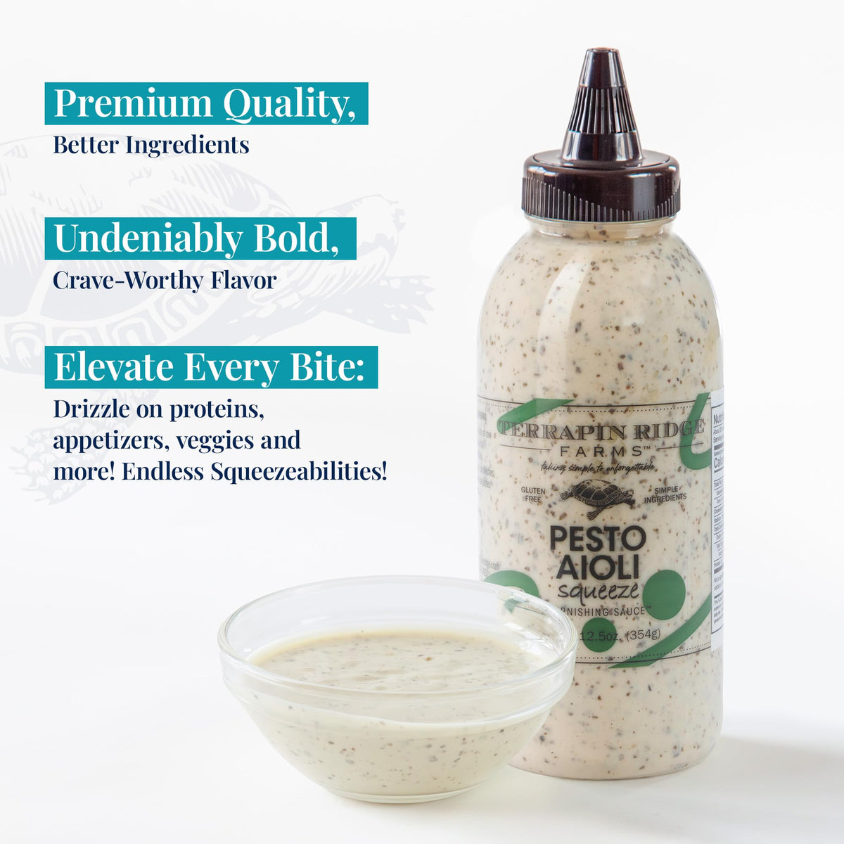 Terrapin Ridge Pesto Aioli dish-serve glossy sauce ready for dipping vegetables