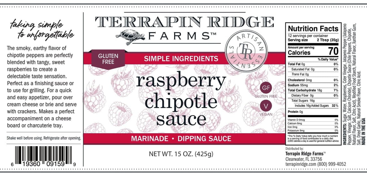 Terrapin Ridge Raspberry Chipotle Sauce on a cheese board, versatile glaze for entertaining