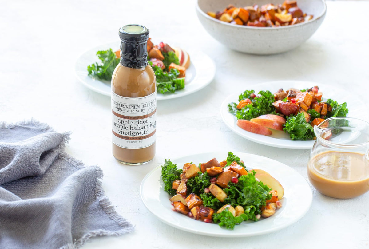 Terrapin Ridge Salad dressing with goat cheese and pecans on greens.