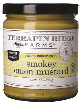 Terrapin Ridge smokey onion mustard bottle highlights bold flavor for burgers.