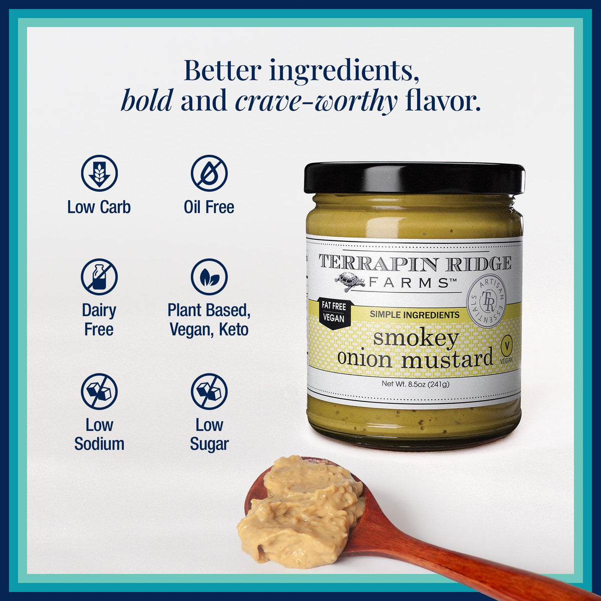 Terrapin Ridge smokey onion mustard jar showcases versatile spread for dips and roasts.