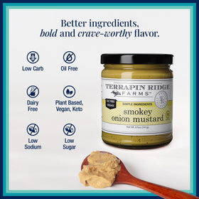 Terrapin Ridge smokey onion mustard jar showcases versatile spread for dips and roasts.