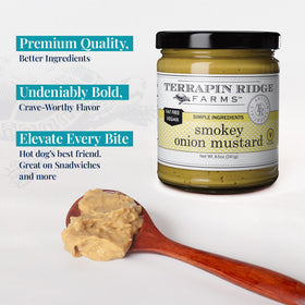 Terrapin Ridge smoky onion mustard pour captures easy drizzle for sandwiches and brats.