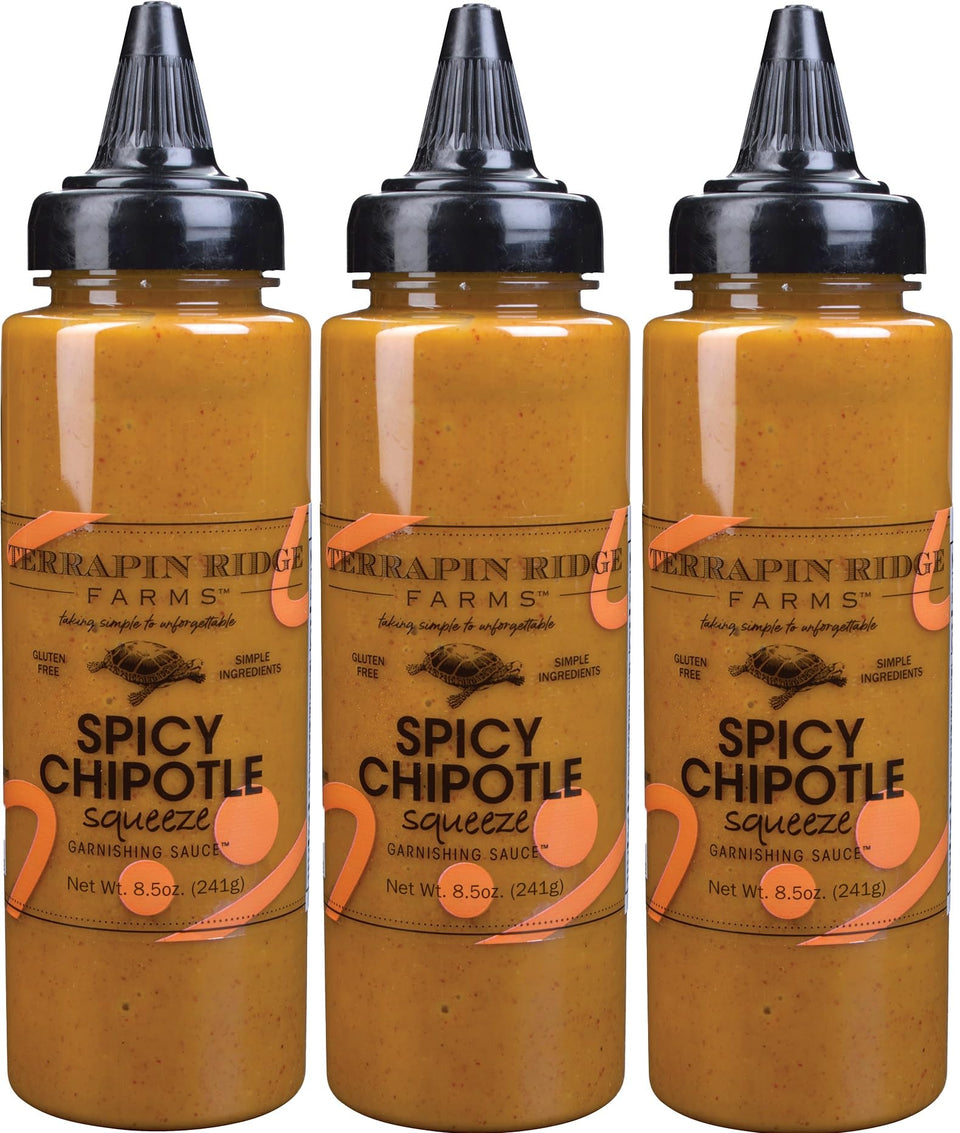 Terrapin Ridge Spicy Chipotle Garnishing Sauce bottle showcases bold flavor for tacos.