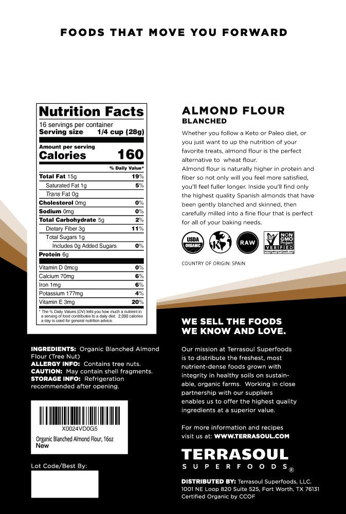 Terrasoul almond flour superfine texture close-up for light, fluffy pastries.