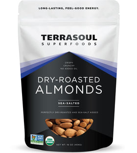 Terrasoul Almonds organic dry-roasted salted in a bag, ideal for quick snacking.