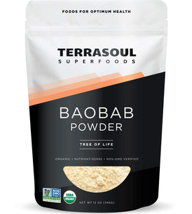 Terrasoul Baobab powder in 12oz container with organic certification label.