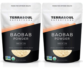Terrasoul Baobab Powder jar front view highlighting organic, gluten-free ingredients for smoothies