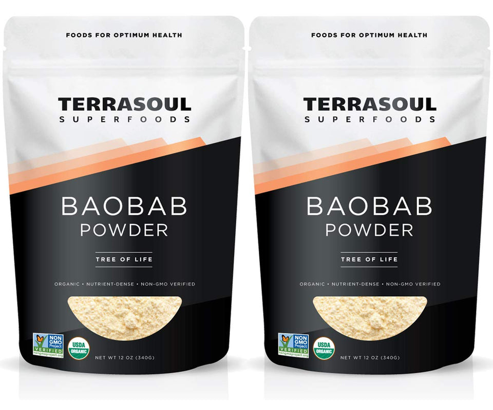 Terrasoul Baobab Powder jar front view highlighting organic, gluten-free ingredients for smoothies