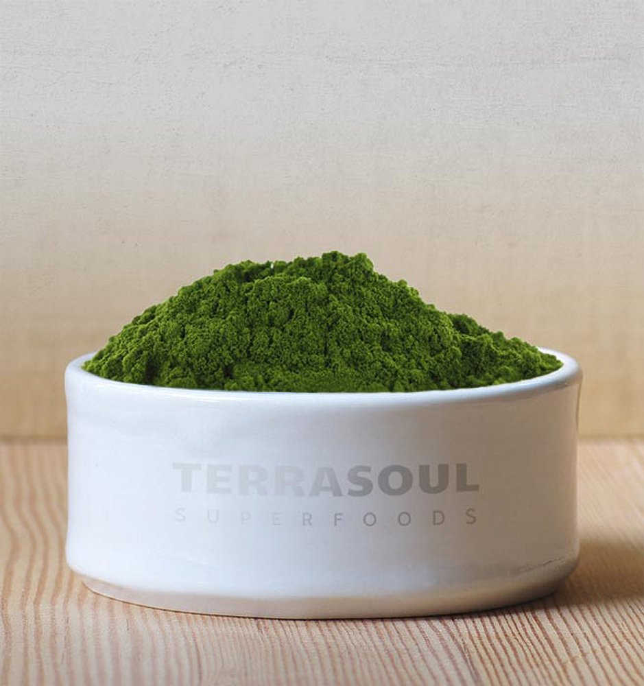 Terrasoul Barley Grass Juice Powder label close up, showcasing organic non GMO purity