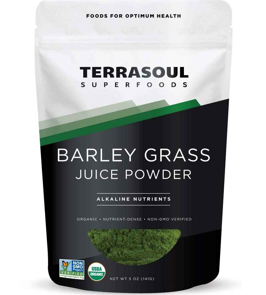 Terrasoul Barley Grass Juice Powder pouch front view, pure organic greens for daily vitality
