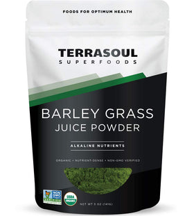 Terrasoul Barley Grass Juice Powder pouch front view, pure organic greens for daily vitality