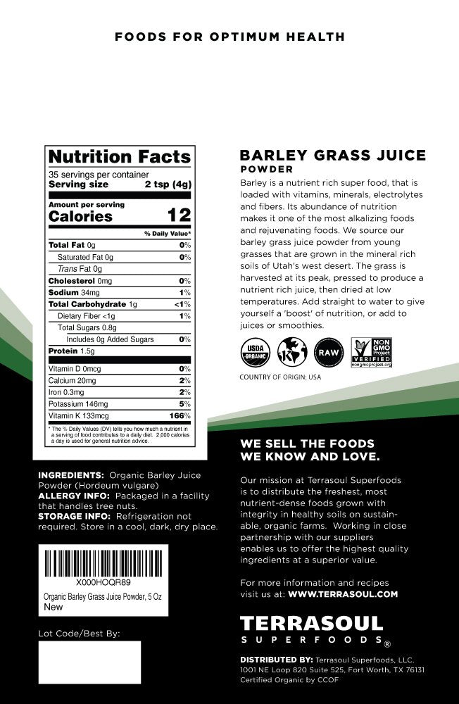 Terrasoul Barley Grass Juice Powder with scoop, convenient daily supplement
