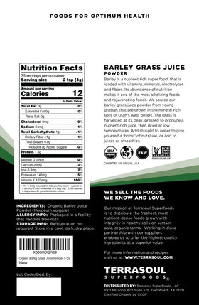 Terrasoul Barley Grass Juice Powder with scoop, convenient daily supplement