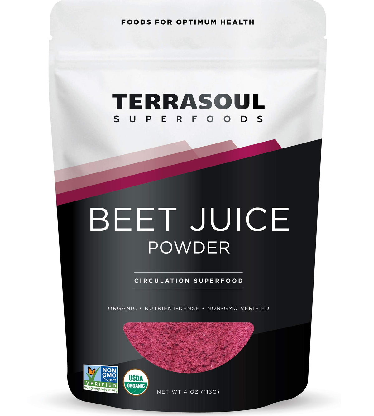 Terrasoul Beet Juice Powder pouch shown, a convenient organic energy support for busy days.