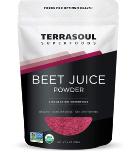 Terrasoul Beet Juice Powder pouch shown, a convenient organic energy support for busy days.