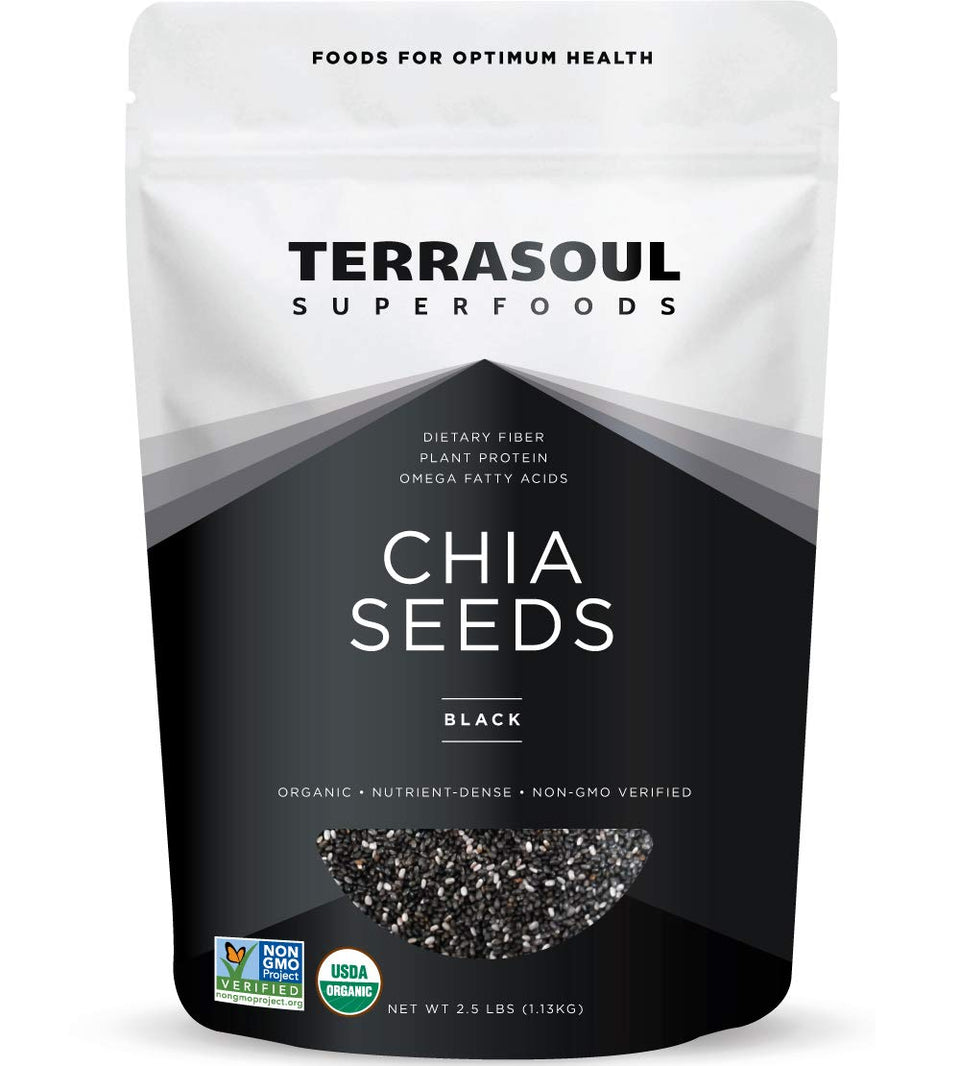 Terrasoul Black Chia Seeds in resealable packaging for freshness.