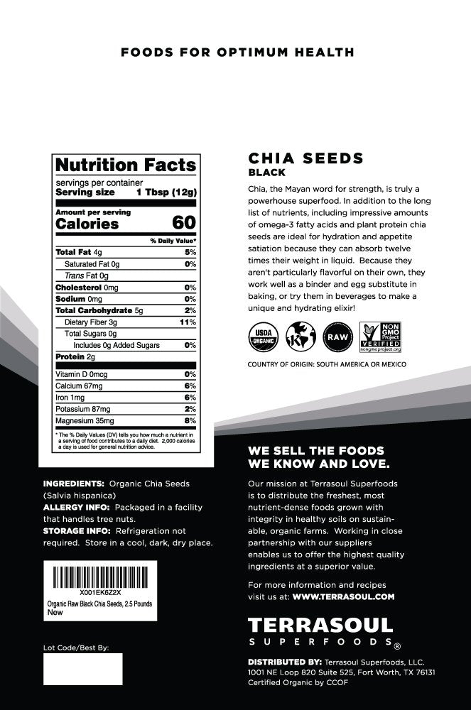 Terrasoul Organic Black Chia Seeds close-up highlighting natural texture for baking.