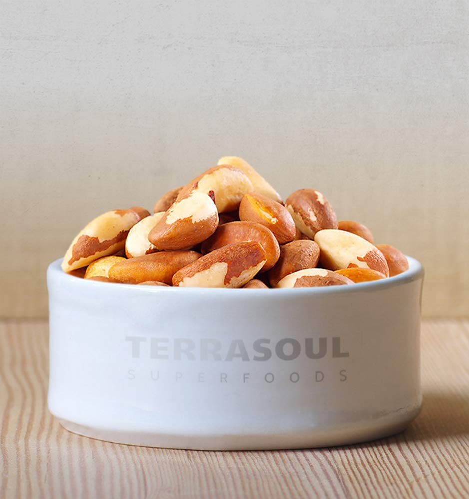 Terrasoul Brazil nuts in glass bowl, unsalted and versatile for baking.