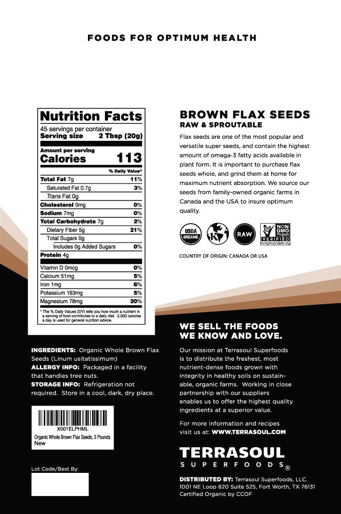 Terrasoul flax seeds 2lb pouch packaging close-up showing organic certification details.