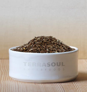 Terrasoul Brown Flax Seeds in bowl, ready to mix into recipes.