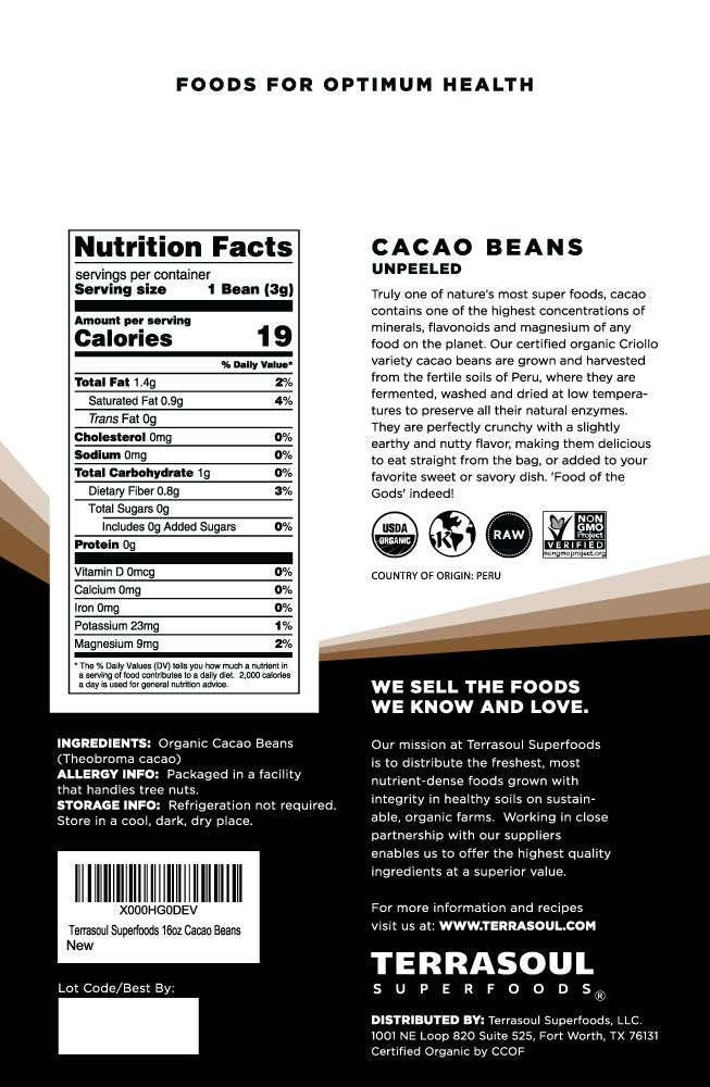 Terrasoul cacao beans in an open bag ideal for trail mix boost and taste