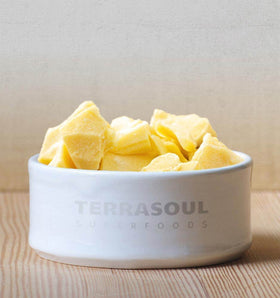 Terrasoul Cacao Butter close-up raw texture emphasize versatility in DIY cosmetics.