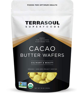 Terrasoul Organic Cacao Butter Wafers packaging front, ideal for vegan baking and raw desserts.