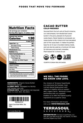 Terrasoul cacao butter wafers close-up reveals smooth texture for melt-in recipes.