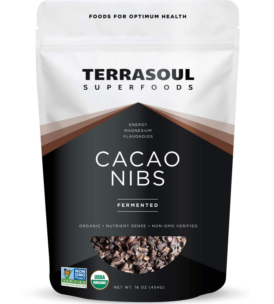 Terrasoul cacao nibs packaging front, ready for baking and snackable bites.