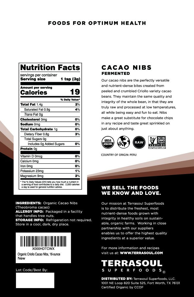 Terrasoul cacao nibs 1lb resealable pack; fresh, convenient, gluten-free option.