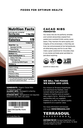 Terrasoul cacao nibs 1lb resealable pack; fresh, convenient, gluten-free option.