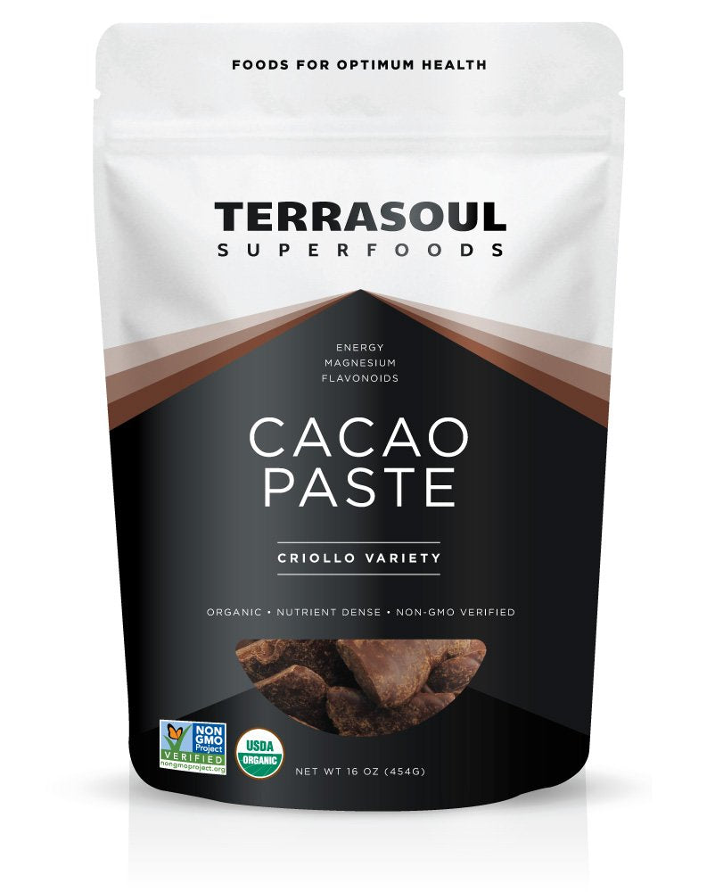 Terrasoul Cacao Paste liquor pouch shows raw, organic chocolate ready for desserts.