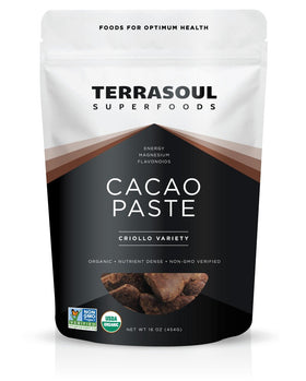 Terrasoul Cacao Paste liquor pouch shows raw, organic chocolate ready for desserts.